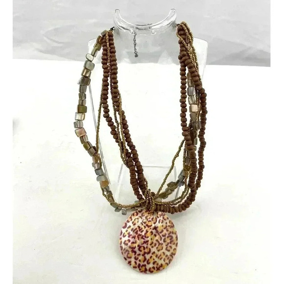 Leopard Print Shell Pendant Layered Necklace Seashell Abalone Shells Wood Bead - Picture 9 of 13
